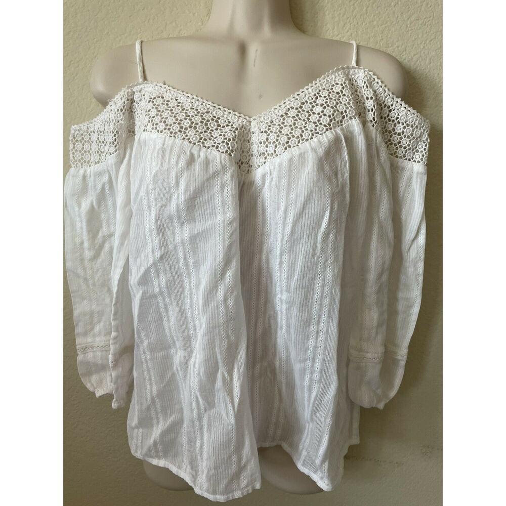 PAIGE 3/4 Peasant Sleeve Crochet Trim V Neck Cold Shoulder Blouse Top Size XS